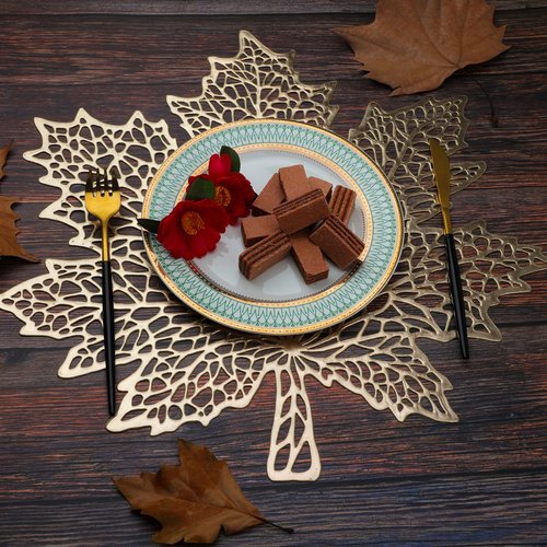 Snowkingdom 6 Pcs Fall Thanksgiving Maple Leaf Placemats, 17"X16" Gold Round Vinyl Table Mats Pressed Metallic Hollow Out Place mats for Autumn Harvest Holiday Party Centerpiece Dining Table