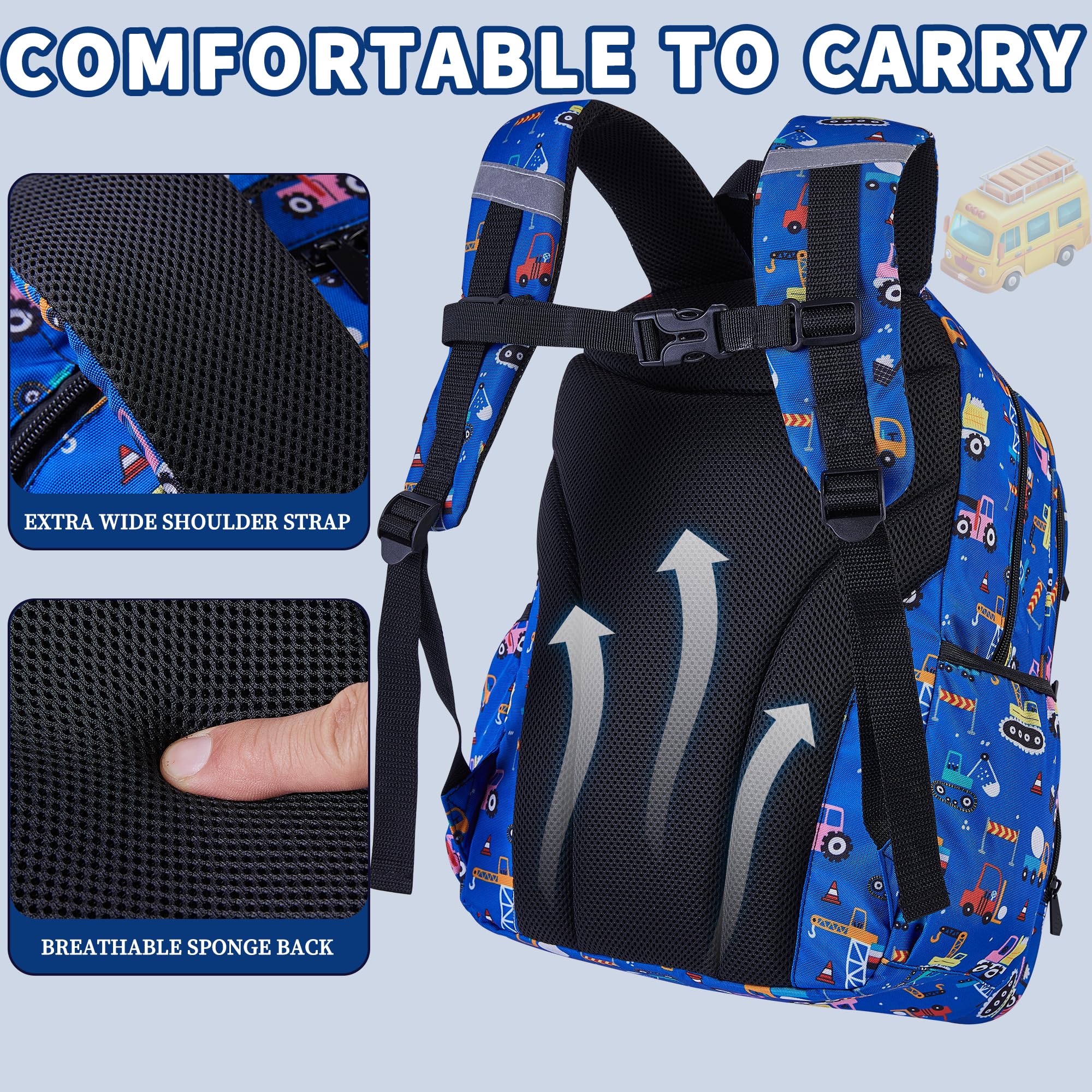 Kids Backpack for Boys, 3Pcs Waterproof Toddler Backpacks with Lunch Box & Pencil Pouch - Lightweight School Backpack Blue Bookbag for Ages 3+ Elementary Middle School Teens - Construction Trucks