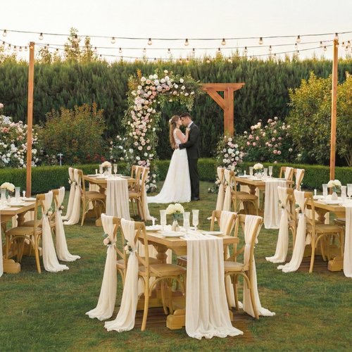 MDS Pack of 5 | Champagne Gold | 10ft Chiffon Table Runner 29x120 Inches Long Romantic Rustic Sheer Gauze Runner for Wedding Bridal Shower Birthday Banquets Engagement Spring Easter Boho Decorations