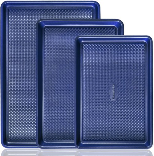 HONGBAKE Baking Sheet Pan Set - Nonstick Cookie Sheets with Diamond Texture | Heavy Duty Dark Blue Pans