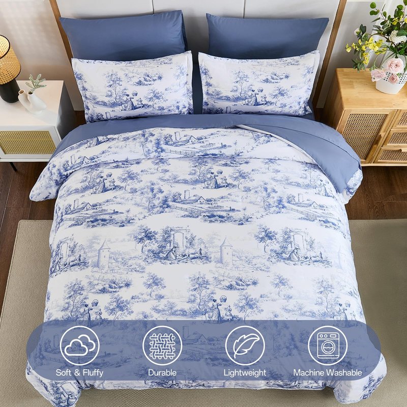 WONGS BEDDING Blue Comforter Set King, 7 Pieces Bed in a Bag Farmhouse Comforter with Sheets, French Toile Bedding Set, Soft Lightweight Microfiber Botanical Print Complete Bed Set for All Season