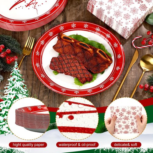 Yiyiring 150 Pcs Christmas Paper Plates and Napkins, 50 11 Inch Christmas Tree Disposable Oval Plates and 100 13 Inch Snowflake Napkins for 50 Guests Dinnerware Winter Party Supplies