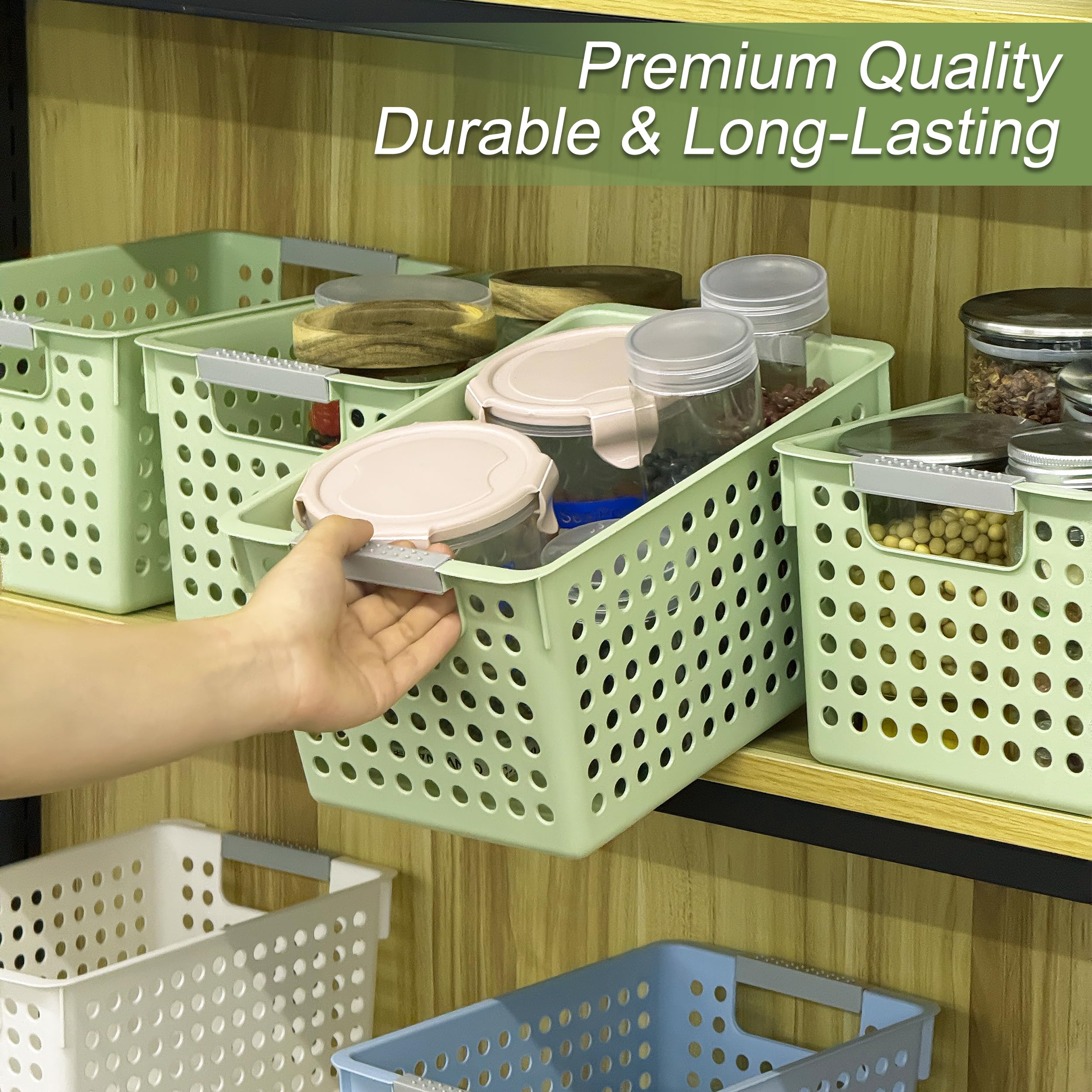 Soddeph 4 Pack Plastic Storage Basket with Handles, Small Deep Organizer Bin with Hollow Design for Under Counter, Shelf, Closet, Kitchen or Bathroom (Green, Small)