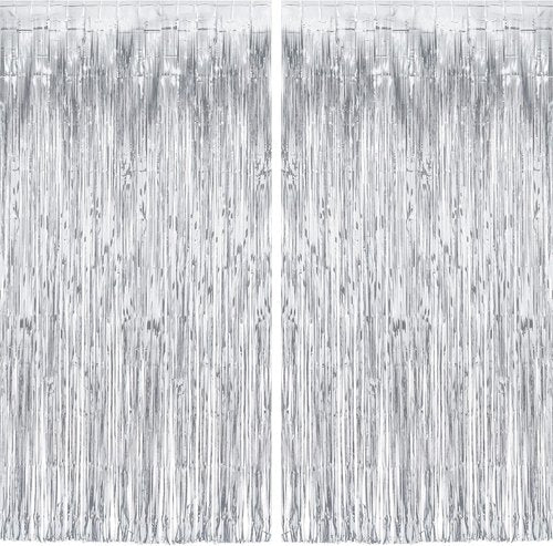 GREATRIL Silver Streamers Metallic Party Backdrop - Foil Fringe Tinsel Curtain for NYE & Events | 8.2ft x 3.2ft - Pack of 2