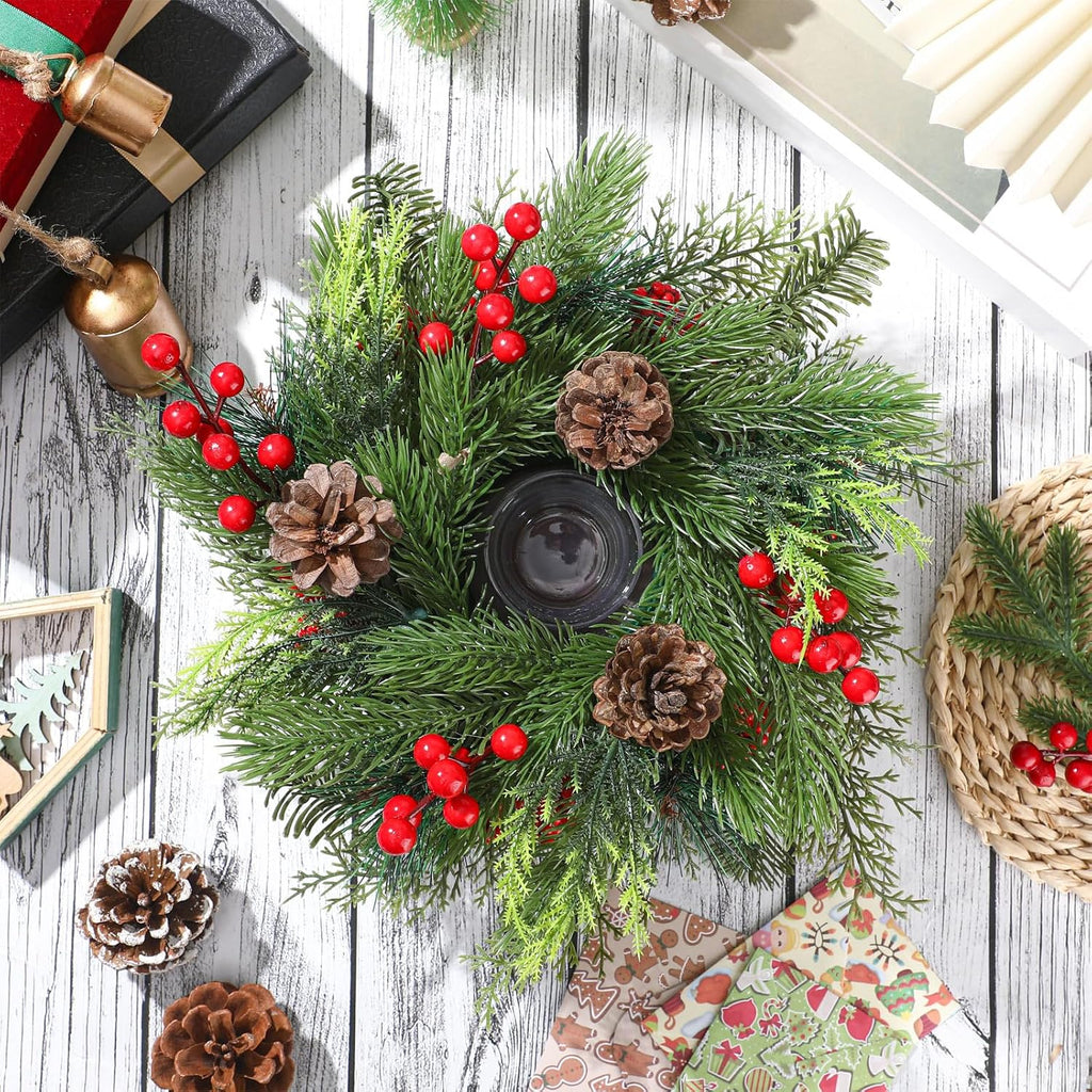 Mumufy Christmas Centerpiece Candle Holder - 12 Inch Mini Tabletop Decoration with Pine Cones & Red Berries