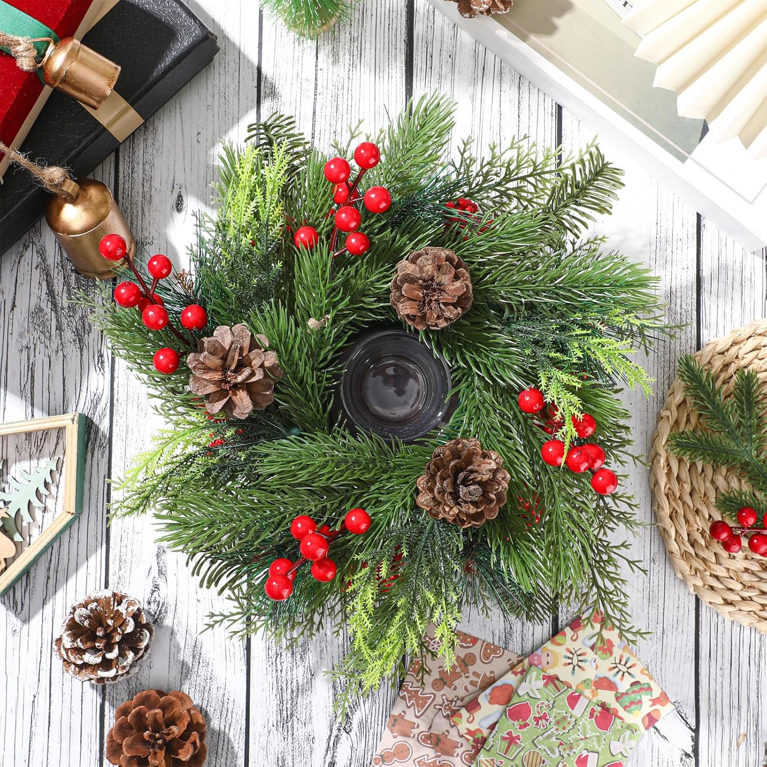 Mumufy Christmas Centerpiece Candle Holder - 12 Inch Mini Tabletop Decoration with Pine Cones & Red Berries