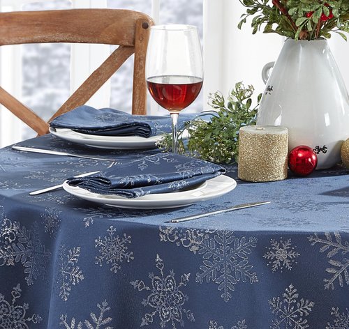 Newbridge Fancy Metallic Snowflake Christmas Fabric Tablecloth, 60 x 144 Inch Rectangle, Navy Silver, No-Iron Soil Resistant Sparkling Snowflakes Woven Holiday Table Cover