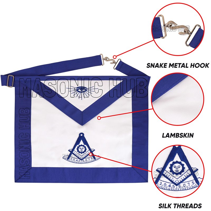 MasonicHub Blue Lodge Past Master Mason Apron Hand Embroidered with Square & Compass 100% Lambskin Past Master Masonic Apron