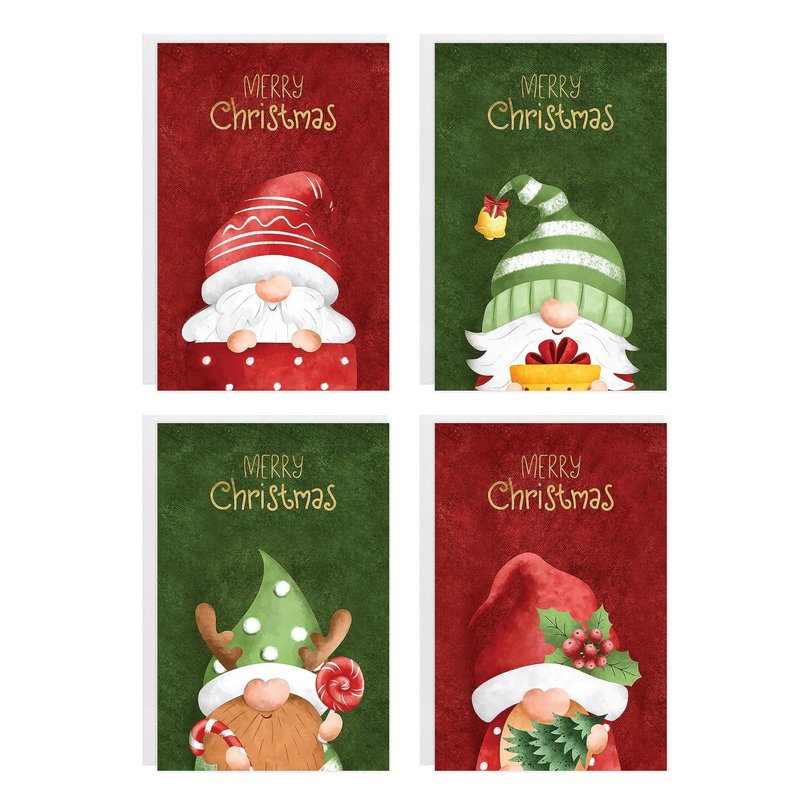 easykart labels 60 Christmas Gnome Cards with Envelopes & Sealing Stickers, 4 Christmas Theme Santa Designs With Gold Foling effect, 6.75" x 4.5" For Friends, Family and loved Ones