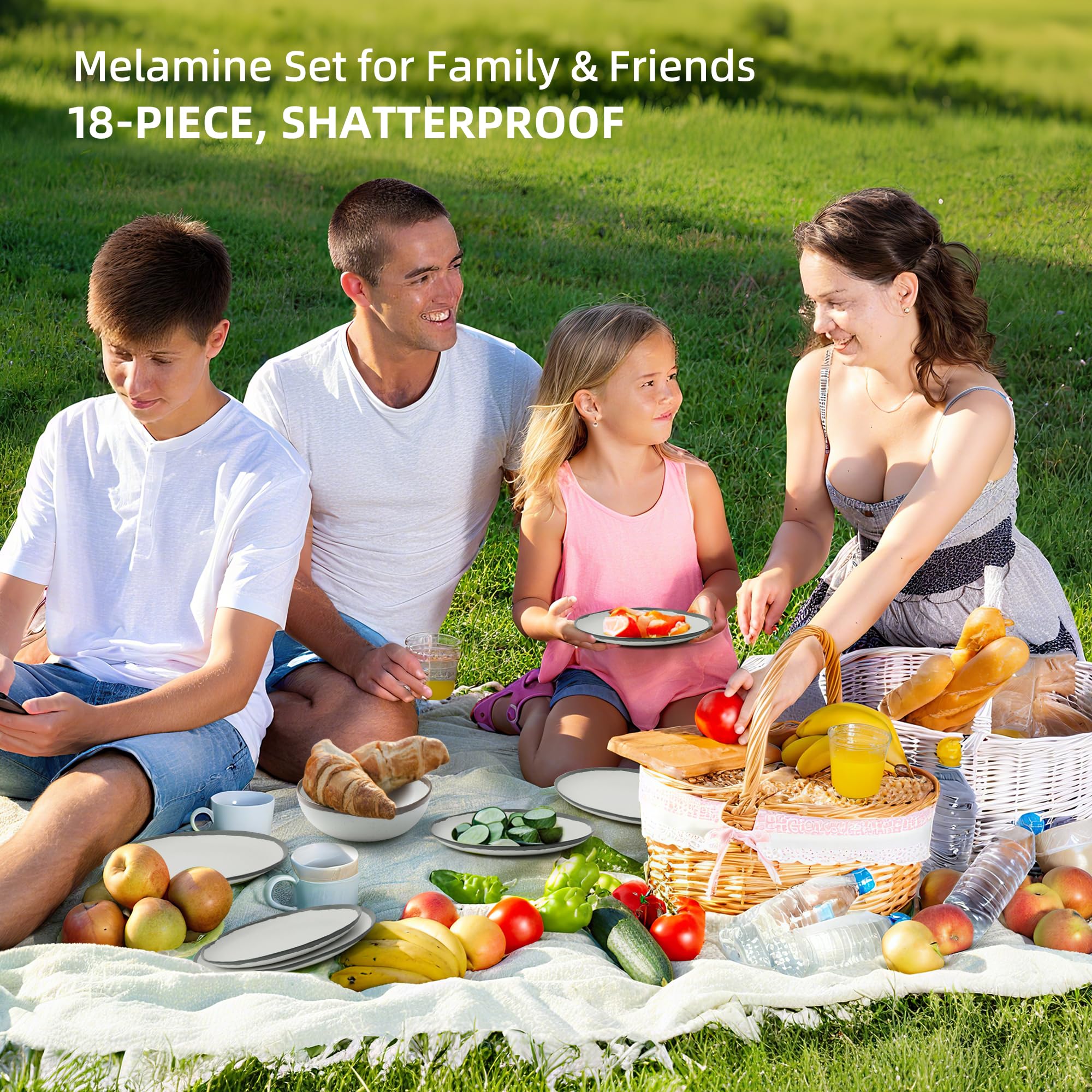 Joviton HOME 18PCS Grey Rim Vintage Melamine Plastic Dinnerware Set for 6 Outdoor Plates and Bowls Sets, Dishes Set