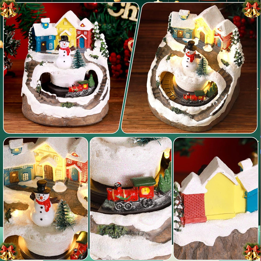 Musical Resin Snowman Figurines | Christmas Village Decor with Spinning Train & LED Lights - Holiday Centerpiece