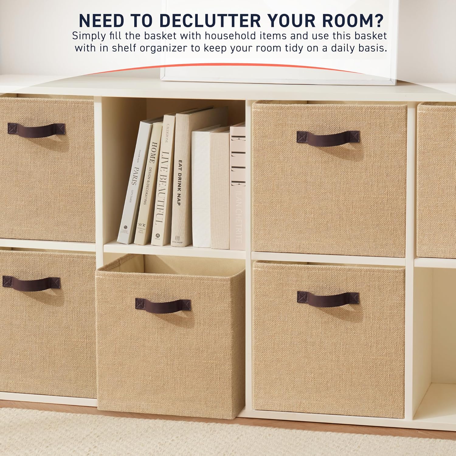 Ornavo Home Storage Cube Bins - 10.5 x 10.5 Jute Baskets, 6 Pack Foldable Organizers with Leather Handles