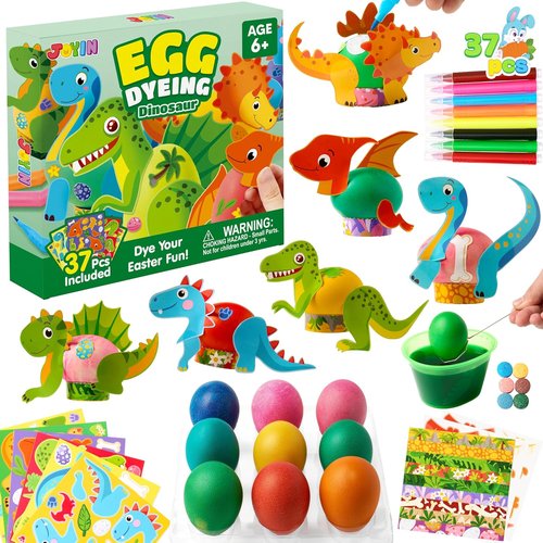 JOYIN Dinosaur Easter Egg Dye Kit - 37 PCS Coloring Set with Dye Tablets & Stickers for Creative Egg Hunts