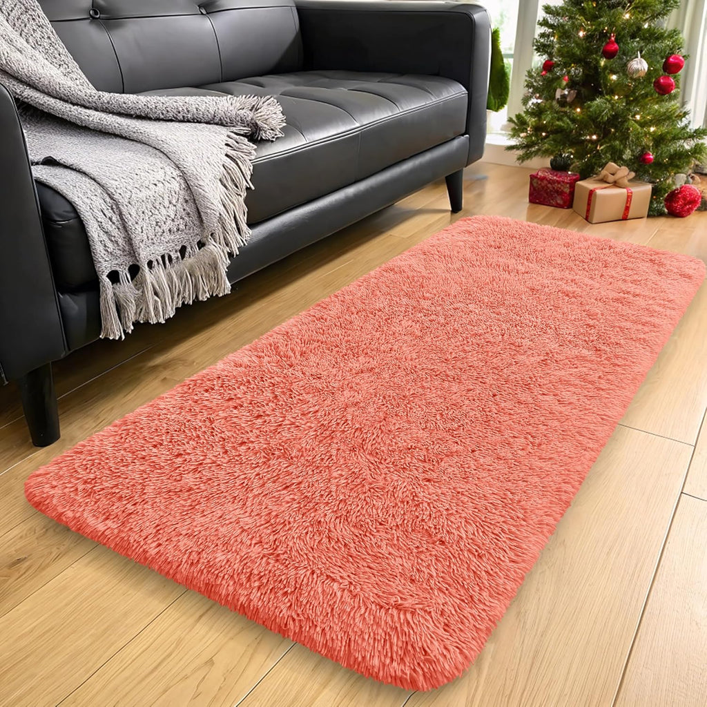 OLANLY Runner Rugs - Soft, Machine Washable Shaggy Carpet for Hallway & Bedroom | Coral Red 2x4 ft