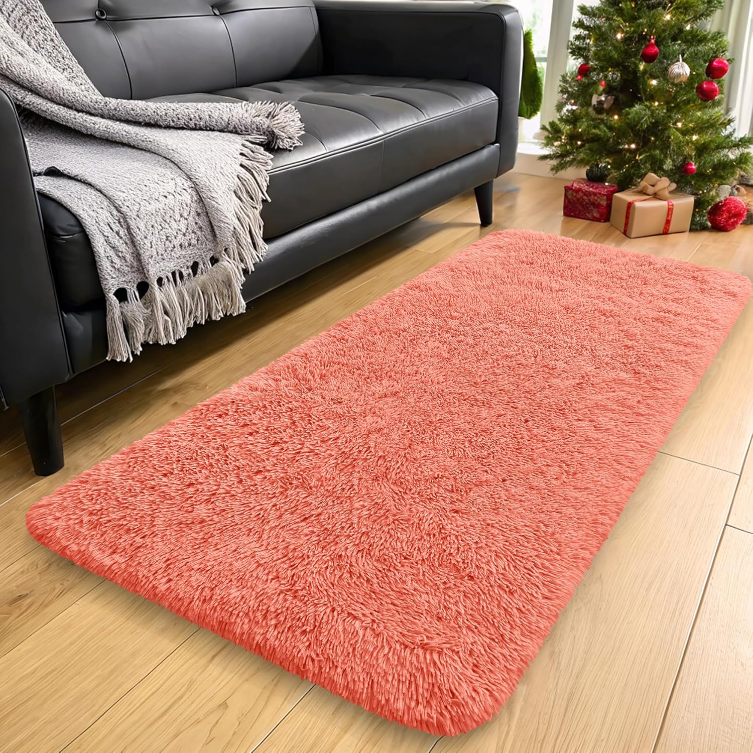 OLANLY Runner Rugs - Soft, Machine Washable Shaggy Carpet for Hallway & Bedroom | Coral Red 2x4 ft