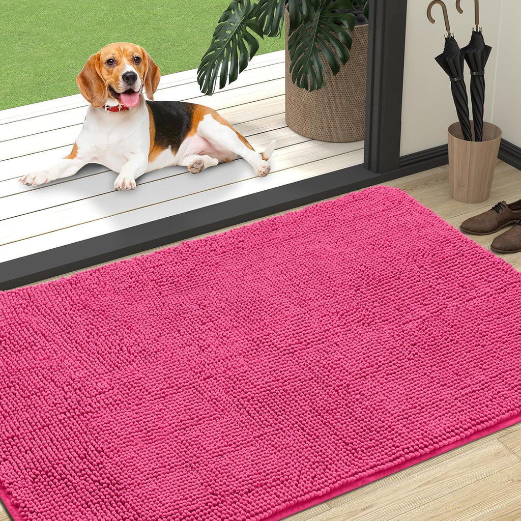 OLANLY Dog Door Mat - Absorbent Non-Slip Chenille Mat for Muddy Paws | 47x32, Quick Dry, Hot Pink