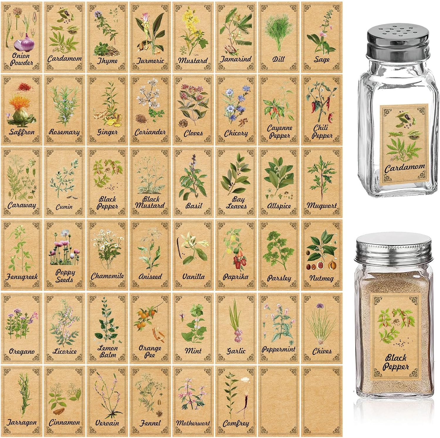 Skiennix 48PCS Herb & Spice Labels - Vintage Stickers for Jar Organization | Apothecary Labels (1.4"x2.4")