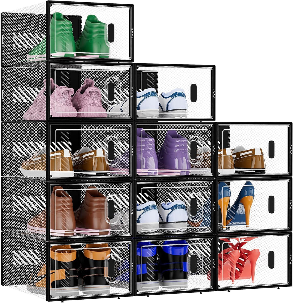 BALEINE Stackable Shoe Storage Boxes - 12 Pack Thickened Clear Plastic Bins | Fits Size 9, Large Black