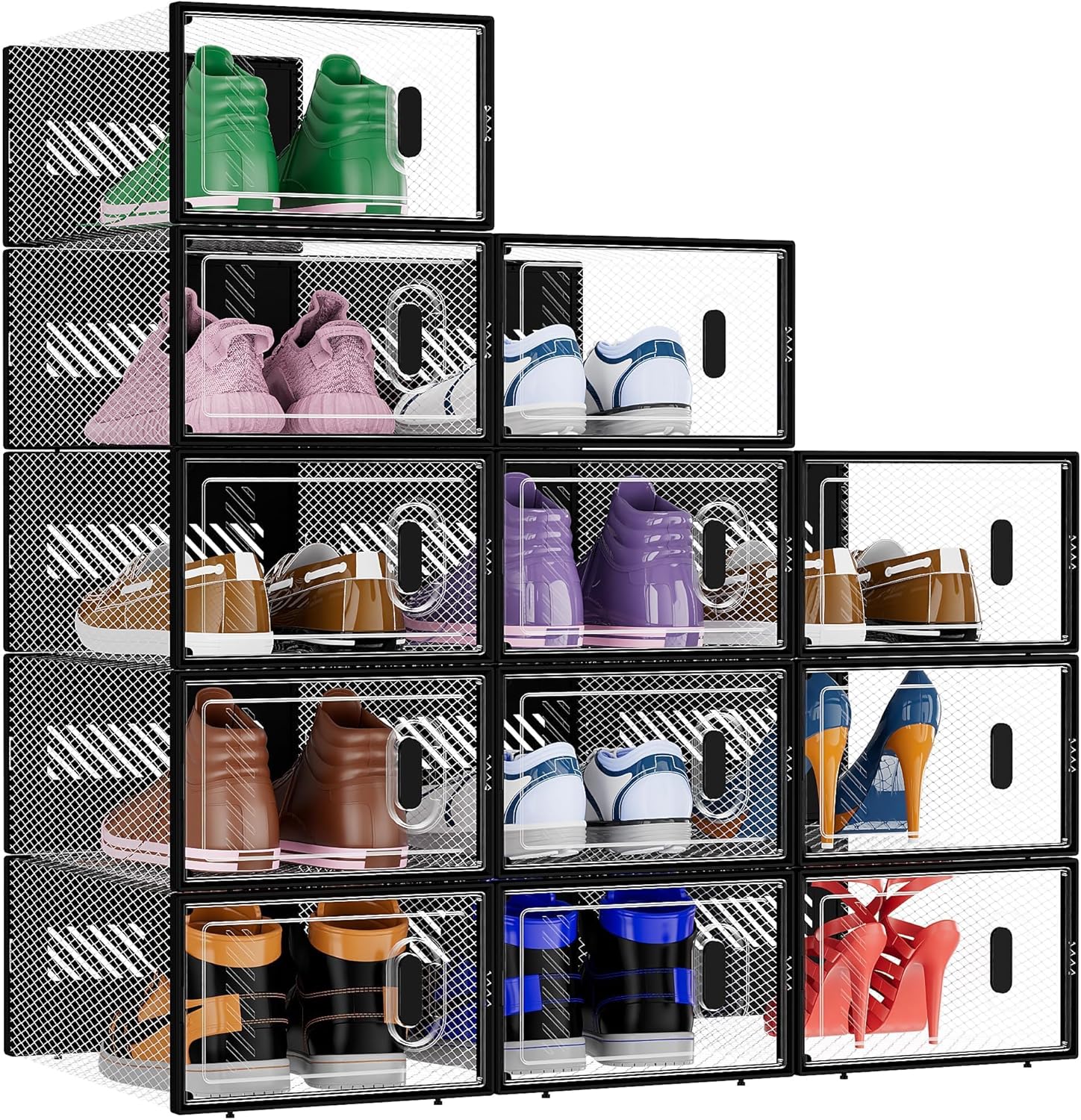 BALEINE Stackable Shoe Storage Boxes - 12 Pack Thickened Clear Plastic Bins | Fits Size 9, Large Black