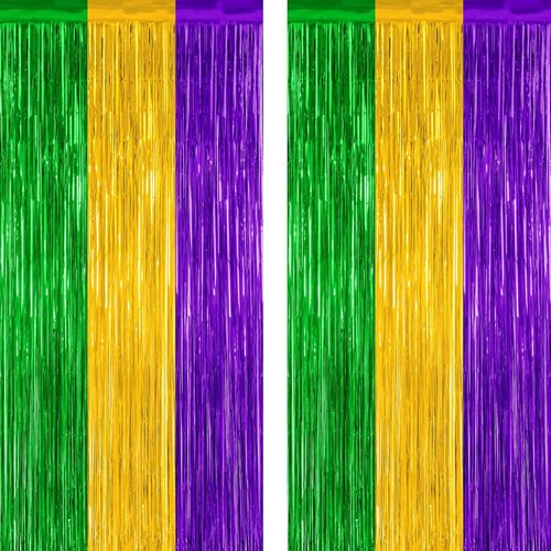 Mardi Gras Tinsel Backdrop by [Brand Name] - 2 Pack Metallic Fringe Curtain | 3.28 FT x 7.05 FT in Purple, Gold, Green