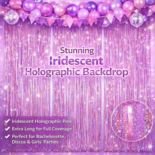 Melsan Pink Foil Fringe Curtain - Shiny Tinsel Backdrop for Bachelorette Party | 3 Pack, 3.2 x 8.2 ft