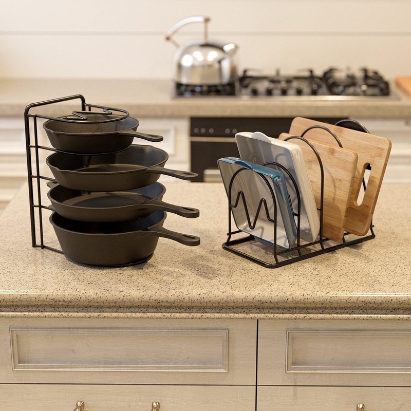 SpaceAid Heavy Duty Pan Organizer Rack for Cabinet, Pot Lid Holder, Kitchen Organization & Storage for Cast Iron Skillet, Bakeware, Cutting Board - No Assembly Required (2 pack)
