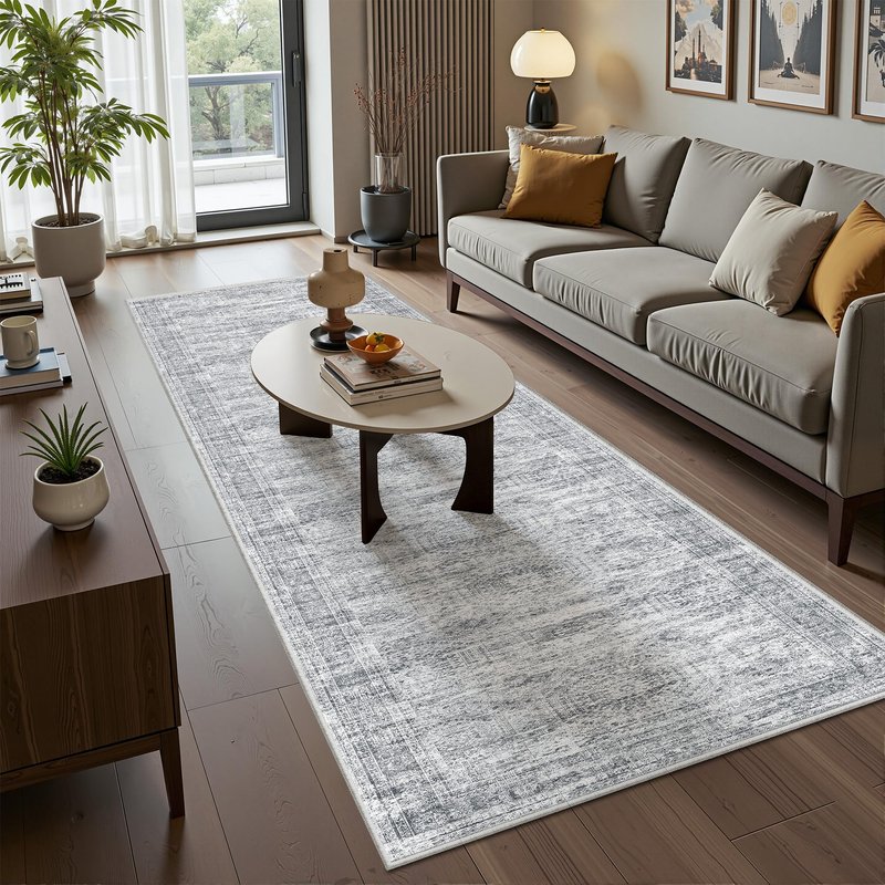 Restydon Kitchen Runner Rugs Non Skid Washable - 2.5 x 10 Runner Rug with Anti Slip Backing, Ultra-Thin Soft Rug Runner for Hallway, Bedroom, Living Room (2.5'x10', Grey/Ivory)