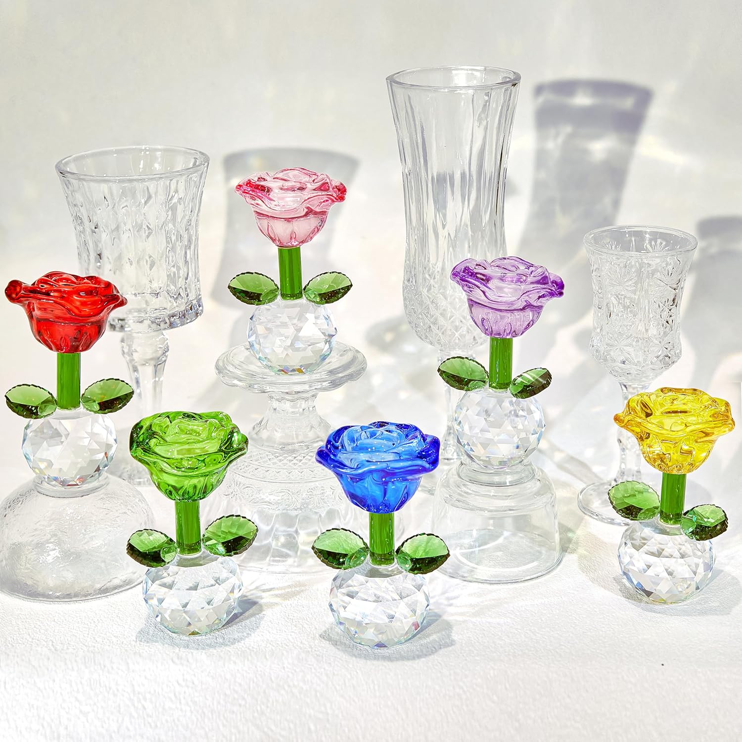 Skiennix Crystal Glass Rose Flowers Figurines - Colorful Blown Glass Centerpieces for Home & Office | 3.5in