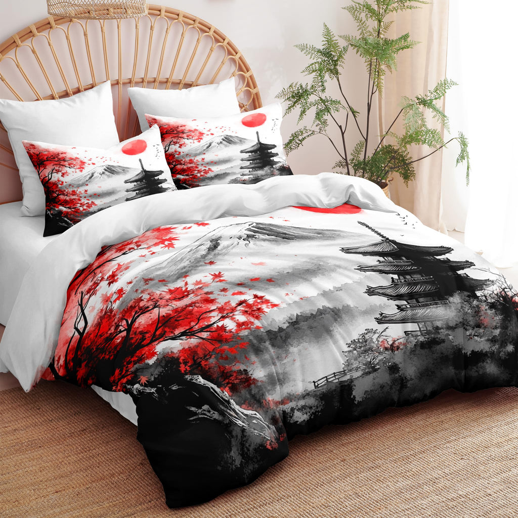 Ccoutuechen Classical Architecture Art Painting Comforter Set Queen, 3pcs Japanese Style Botanical Soft Bedding Set for Women Girl, Lightweight Down Alternative Comforter with 2 Pillowcases(90" X 90")