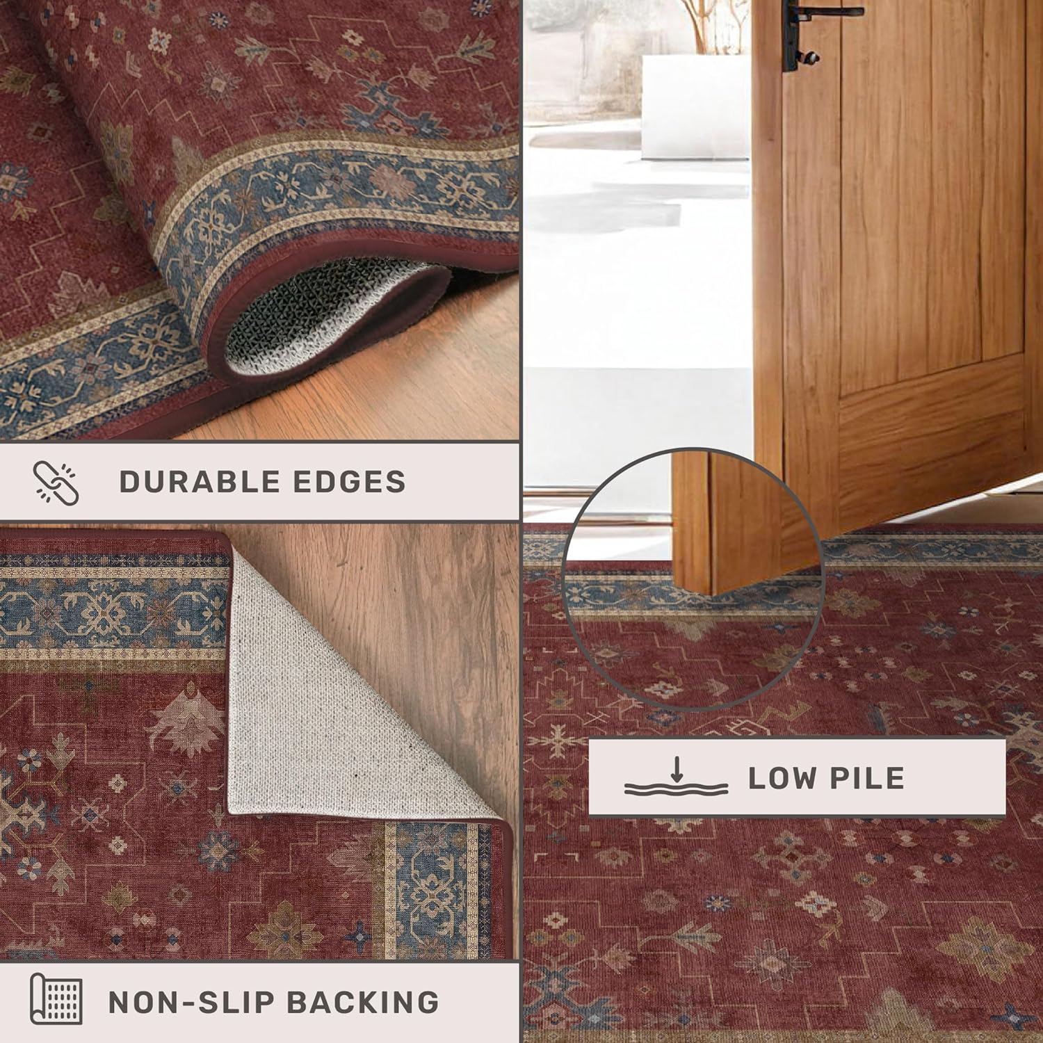 Turkish Kitchen Runner Rugs - Non-Skid Washable Design for Hallway, Bedroom & Bathroom | Dark Red