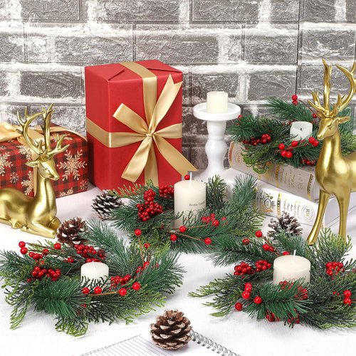 Knitgrip Mini Christmas Candle Rings - 4 Pcs Red Berry Pinecone Wreaths for Holiday Decor | Table Centerpieces