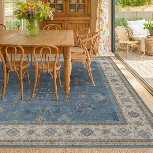 Boho 6x8 Living Room Rug - Modern Blue Washable Carpet for Dining Room & Bedroom Décor