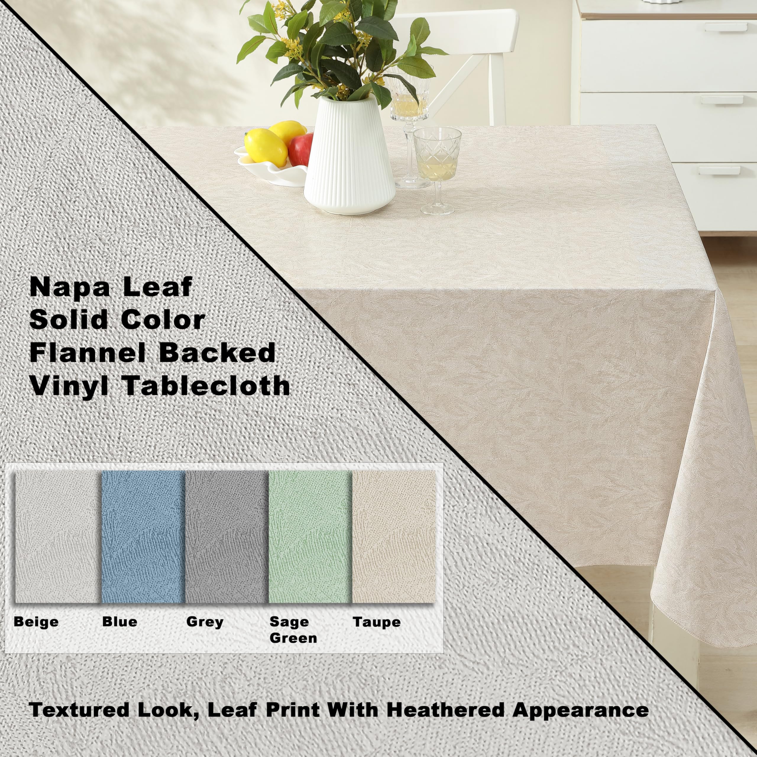 Newbridge Napa Leaf Taupe Vinyl Flannel Backed Tablecloth, 52 x 70 Inch Rectangle, Hotel Quality Waterproof Indoor Outdoor Table Cover for Kitchen, Patio, Dining, BBQ