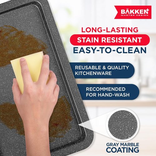 BAKKEN Nonstick Baking Pan - Commercial Grade Carbon Steel Cookie Sheet, 13.18" x 8.66", Oven Safe to 450°F, Gray Marble