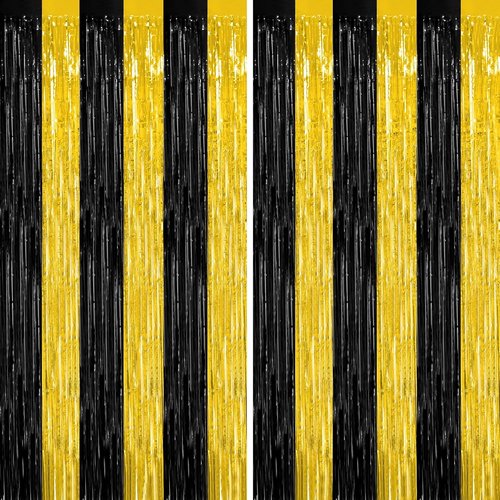 2 Pack Black and Gold Foil Fringe Curtains by [Brand Name] - Graduation Backdrop 3.28 FT x 7.05 FT | Class of 2026 Party Decorations