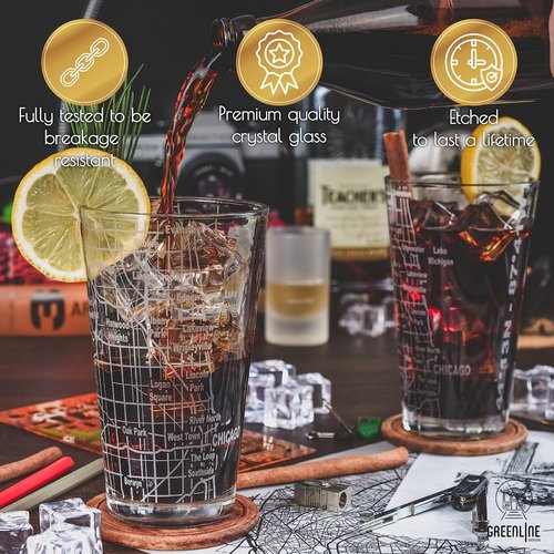 Greenline Goods Beer Glasses - 16 oz Drinkware Set for Chicago lovers - Set of 2 - Etched with Chicago, IL Map | Premium Decorative Glassware