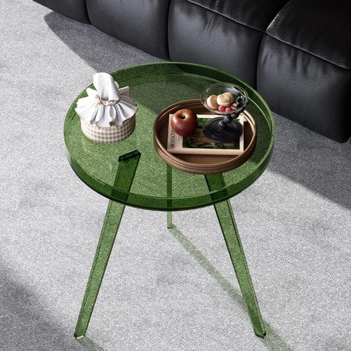 Dewrhiixe Clear Acrylic Side Table, Round End Table Nightstand Bedside Table Small Circle with Tray for Living Room Bedroom Office Small Space (Green)