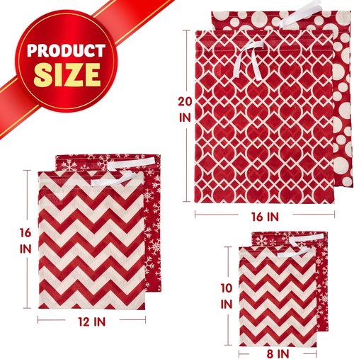 JOYIN Fabric Gift Bags - Elegant Red Design | 6-Piece Set in 3 Sizes for Holiday Present Giving
