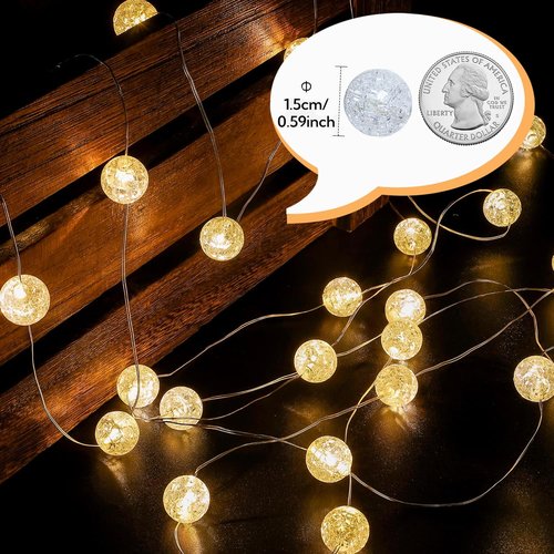 Globe String Lights - 10FT 30 LED Decorative Fairy Lights | 8 Modes Crystal Crackle Balls - Warm White