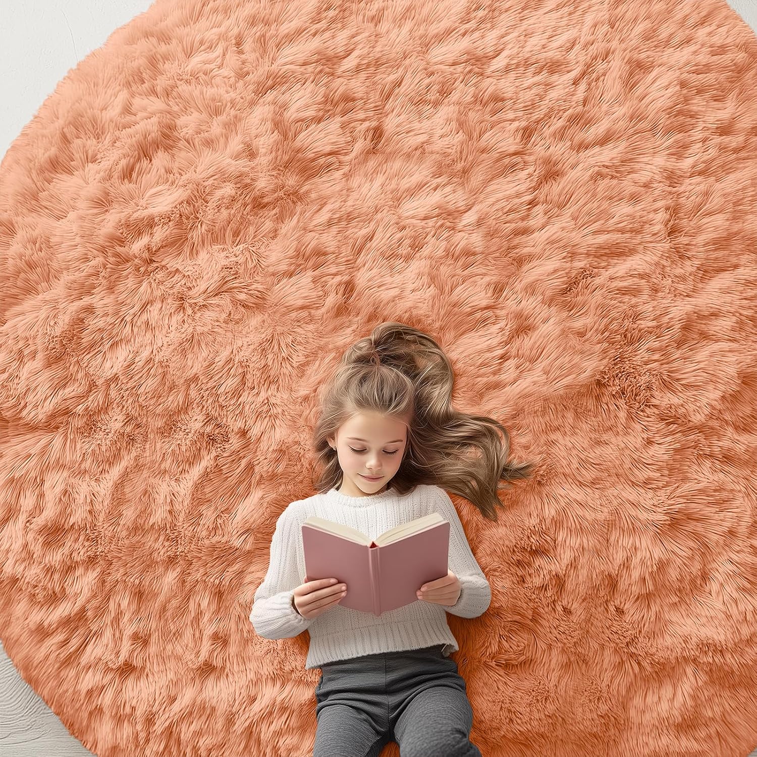 OLANLY Round Area Rug - Soft & Fluffy Muted Orange Shaggy Carpet, 8 ft Circle for Bedroom & Living Room