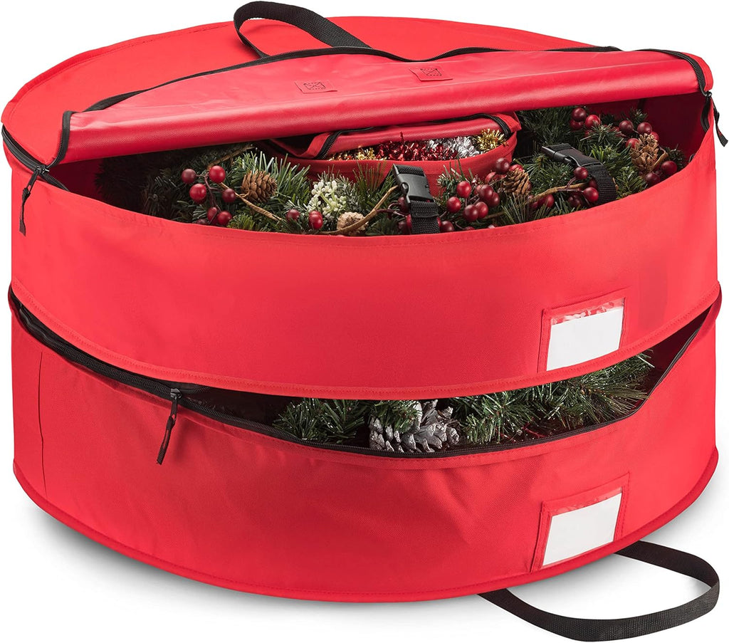ZOBER Christmas Wreath Storage Container - 24 Inch Wreath Bag for 2 Wreaths | Durable 600D Oxford Fabric - Red