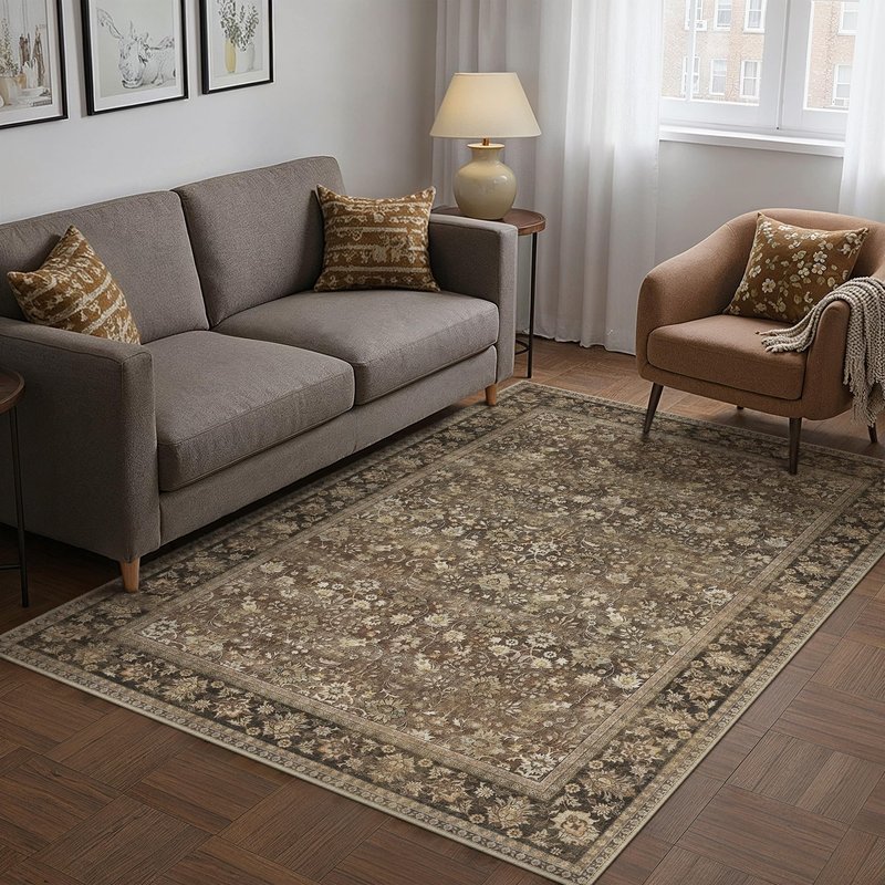HUGEAR 4x6 Machine Washable Rugs Brown Hallway Area Rug Indoor Accent Rug Floral Low Pile Carpet Soft Throw Rug Bedroom Living Room Office Dining Room Kitchen Laundry Room Non Slip