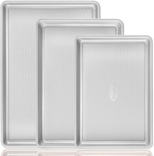HONGBAKE Baking Sheet Pan Set - Nonstick Cookie Sheets with Diamond Texture | Heavy Duty Silver Pans