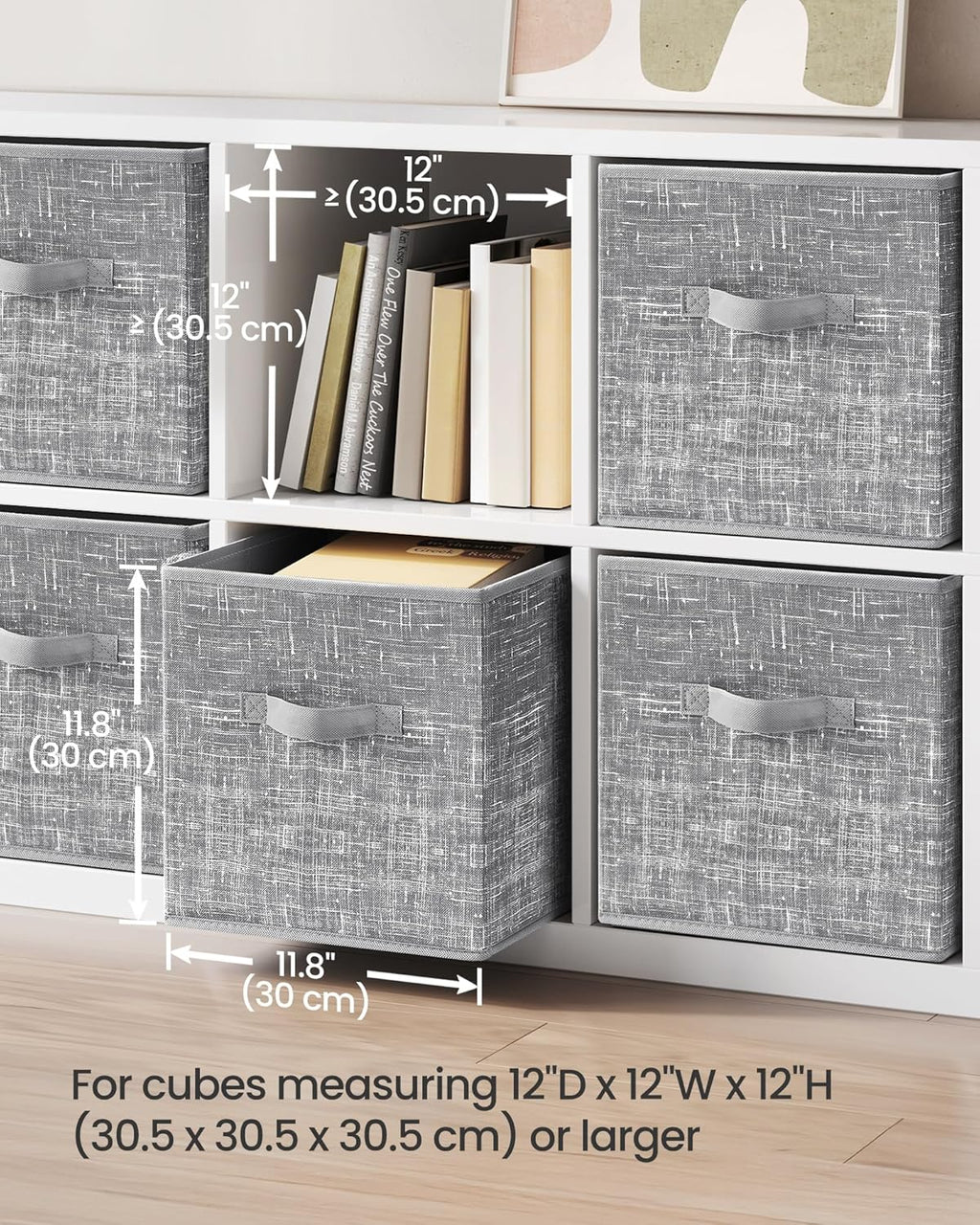 SONGMICS Storage Cubes - 11.8-Inch Non-Woven Fabric Bins with Double Handles - Set of 6 in Cattail Gray for Closet Organization