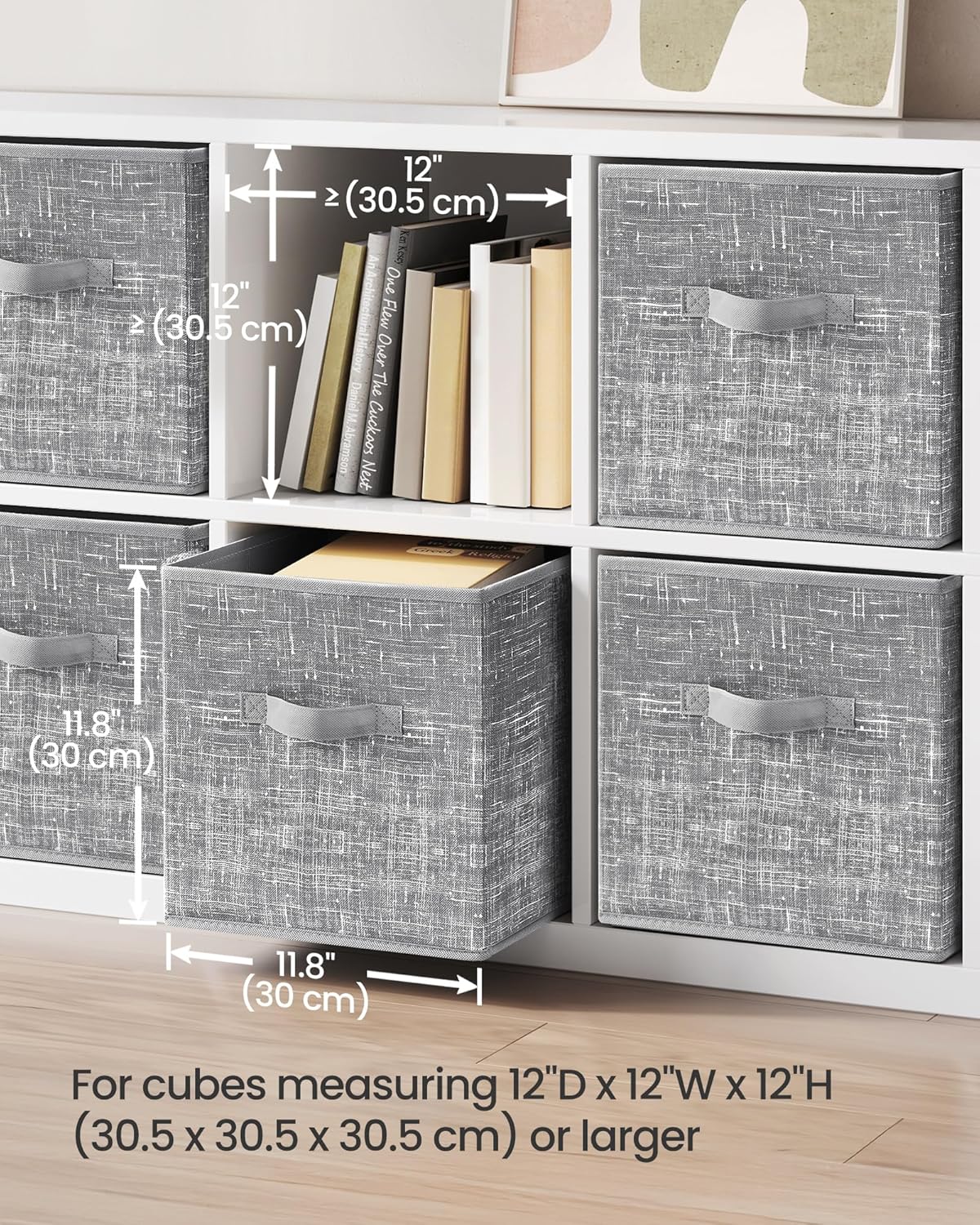 SONGMICS Storage Cubes - 11.8-Inch Non-Woven Fabric Bins with Double Handles - Set of 6 in Cattail Gray for Closet Organization