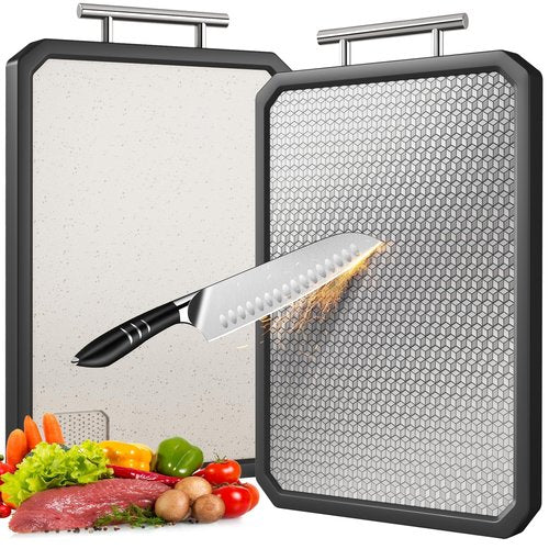 LOZOVIN Stainless Steel Cutting Board with Durable Anti-scratch Grid Design, Large 16”×12” Double Sided Non Toxic Chopping Board for Kitchen, Dishwasher Safe, Non-slip Edge, Garlic Grinding Area