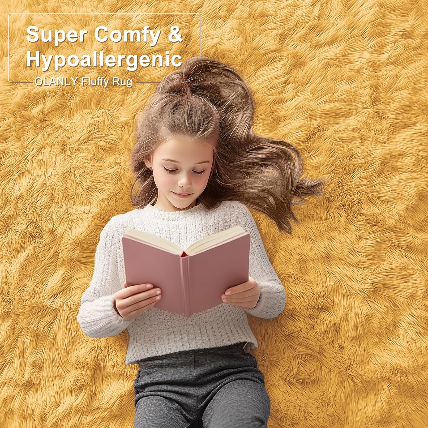 OLANLY Area Rug - Soft Fluffy Shaggy Carpet for Living Room & Bedroom | Machine Washable 4x5.9 ft in Mustard Yellow