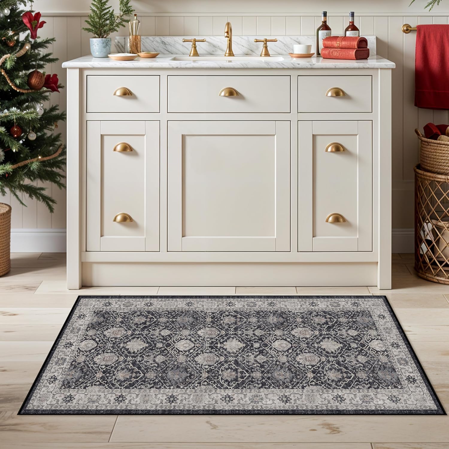 Skiennix Washable 2x3 Entryway Area Rug - Vintage Soft Non-Slip Backing, Water-Resistant Carpet (Black)