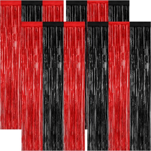 4 Pack Halloween Backdrop | Red & Black Metallic Tinsel Curtains - 3.28 FT x 7.05 FT Party Decor