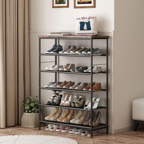INGIORDAR Shoe Rack Organizer 6 Tier Metal Organizer Shelf with Industrial MDF Board and Layer Fabric for Entryway Closet Bedroom Living Room Garage,Black & Rustic Brown (Black+Rustic Brown, 6 Tier)